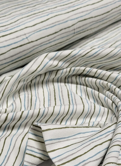 Madeline khaki and aqua fine stripes on ecru - jersey