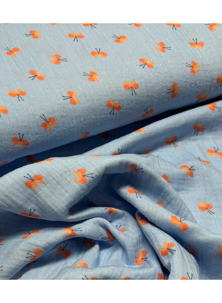 little darling blauw met koraal vlinders - tetra double gauze