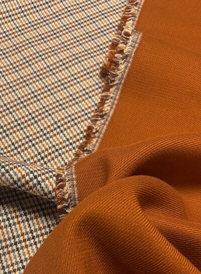 A la Ville cognac and blue houndstooth fabric - beautiful double-faced fabric