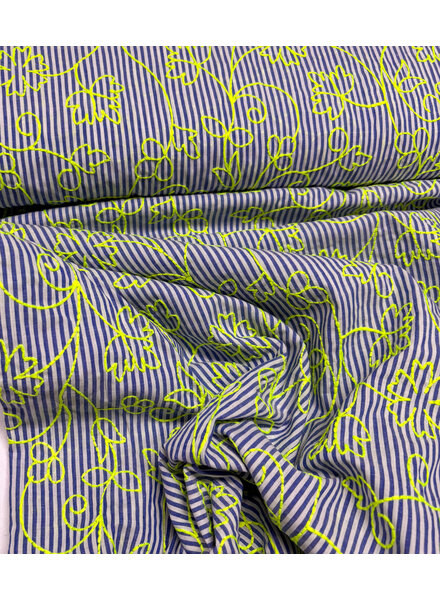 blue stripes and neon yellow embroidery - katoen