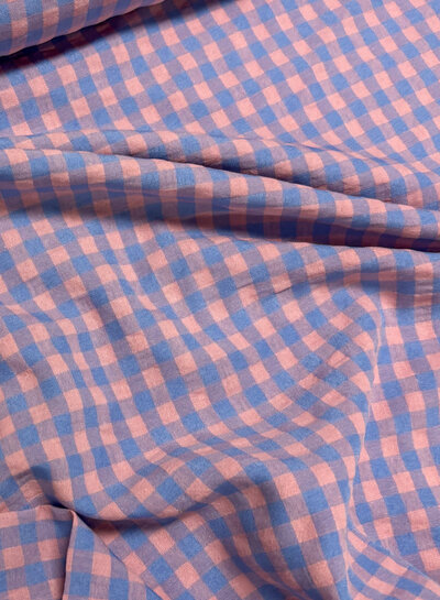 vichy  ruitjes blauw/zalmroze - seersucker