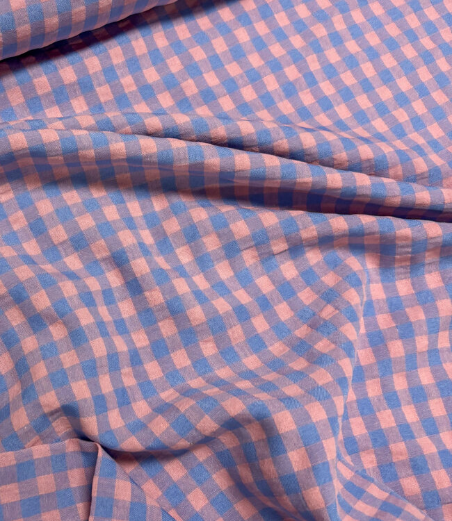 vichy  ruitjes blauw/zalmroze - seersucker