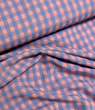 vichy  ruitjes blauw/zalmroze - seersucker