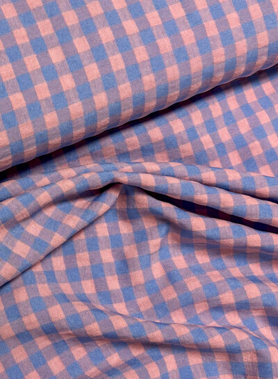 blue/salmon pink gingham check - seersucker