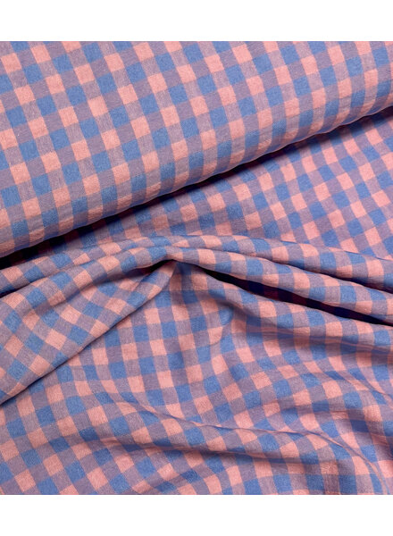 blauw/zalmroze vichy ruitjes - seersucker