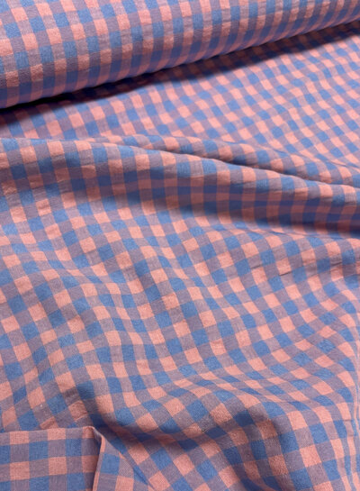vichy  ruitjes blauw/zalmroze - seersucker