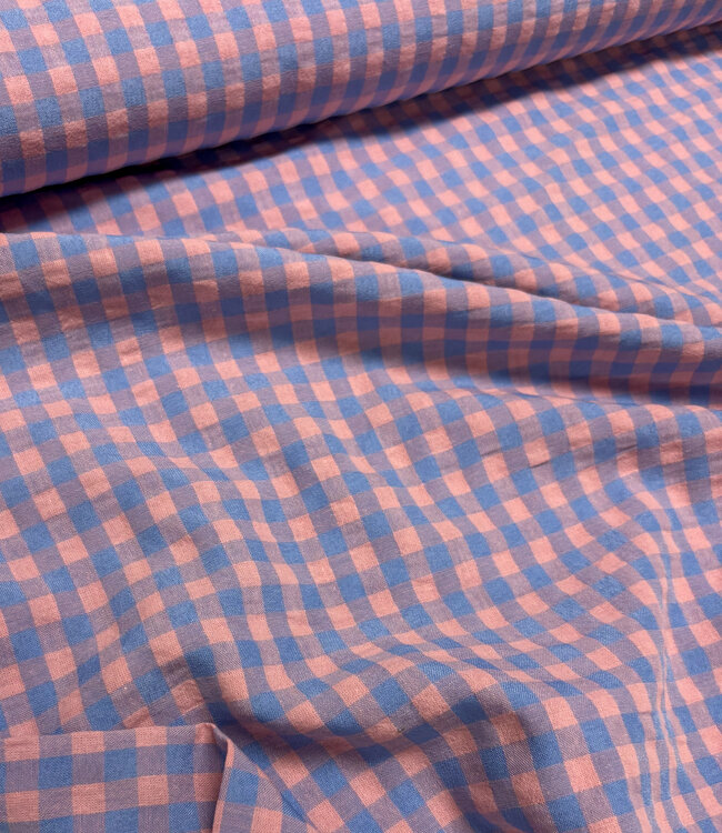 vichy  ruitjes blauw/zalmroze - seersucker