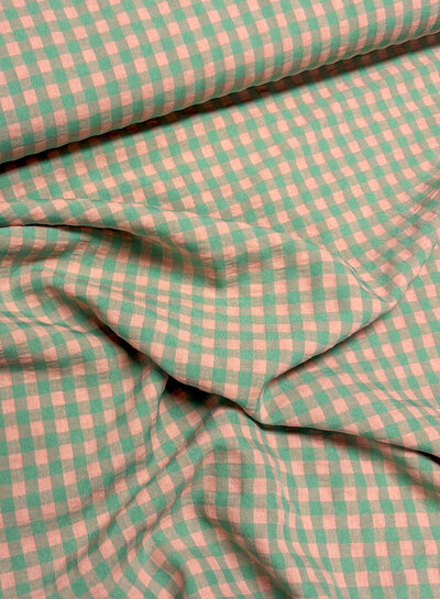 green/salmon pink gingham check - seersucker