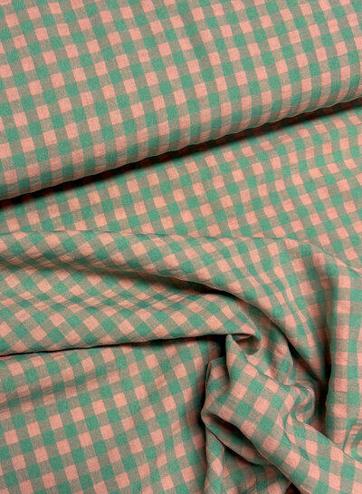 green/salmon pink gingham check - seersucker
