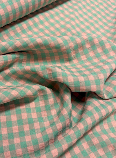 green/salmon pink gingham check - seersucker