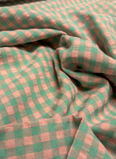 green/salmon pink gingham check - seersucker
