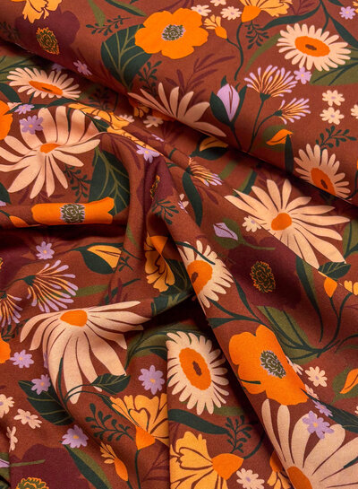 autumn flowers on chestnut brown - woven viscose