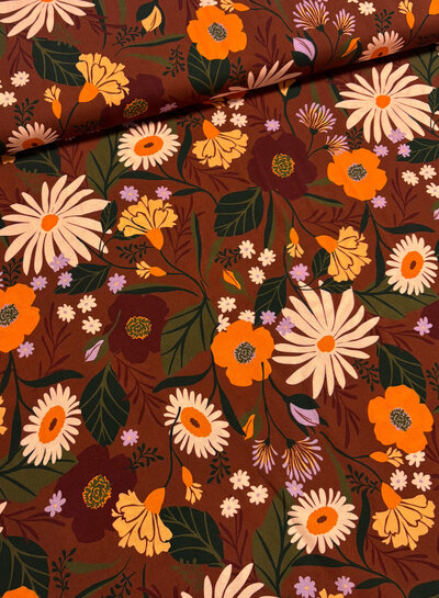 herfstbloemen op kastanjebruin - geweven viscose