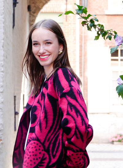 Atelier Jupe Teddy wool floral fabric black and fuchsia