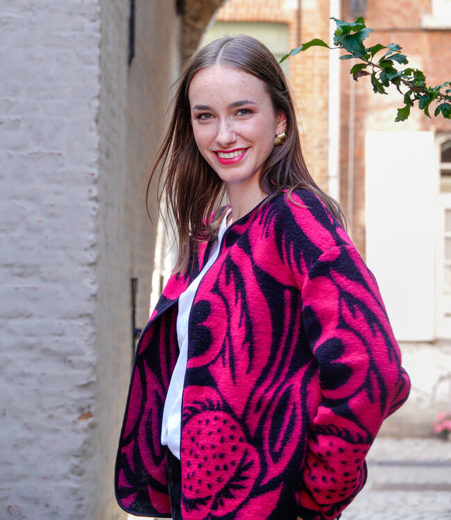 Atelier Jupe wollen Teddy bloemenstof zwart en fuchsia