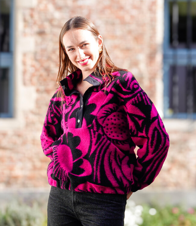 Atelier Jupe wollen Teddy bloemenstof zwart en fuchsia