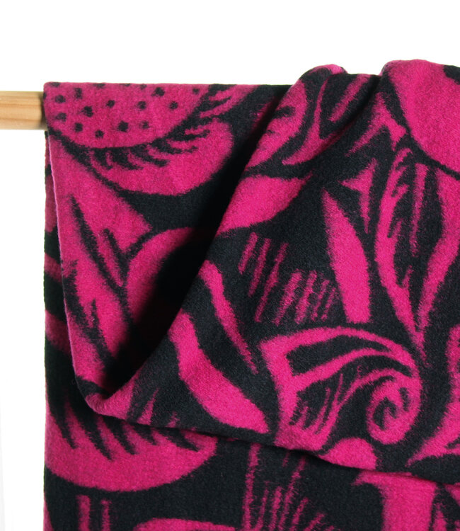 Atelier Jupe wollen Teddy bloemenstof zwart en fuchsia