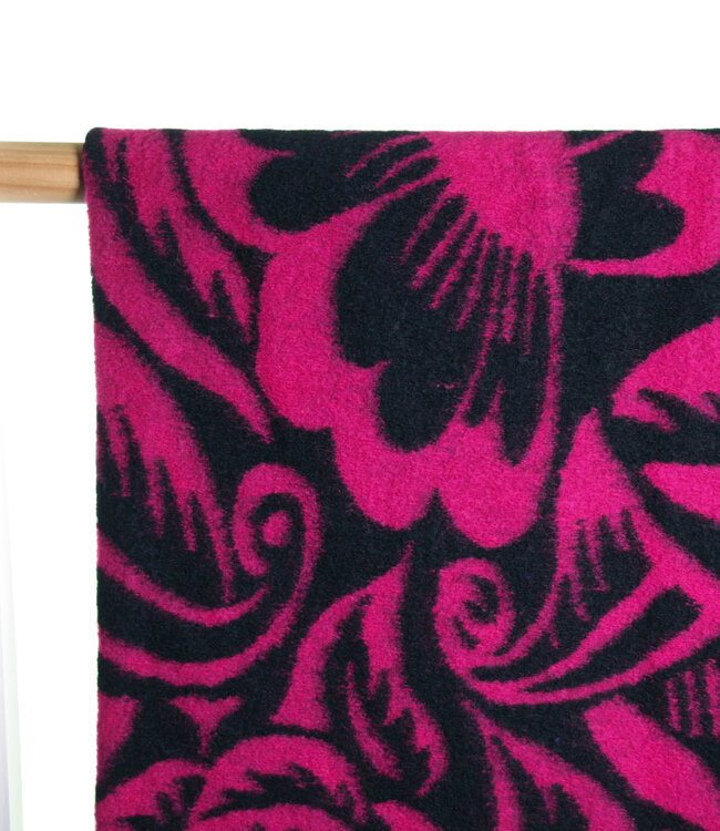 Atelier Jupe wollen Teddy bloemenstof zwart en fuchsia