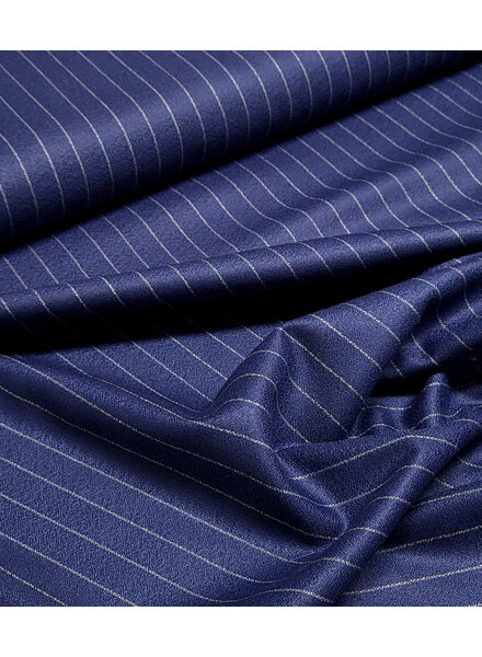 indigo blauw met grijze pinestripe -  geweven bamboe blend - heel soepelvallende stof en geen kreuk