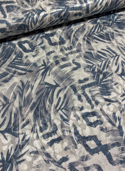 viscose met ingeweven leopard motief - blauw en gebroken wit jungle