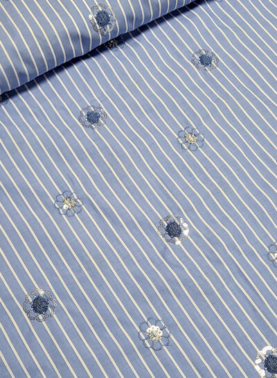 Poppy fabrics embroidery and sequins - blue and white striped cotton