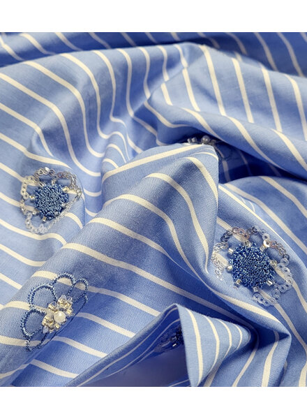 Poppy fabrics embroidery and sequins - blue and white striped cotton