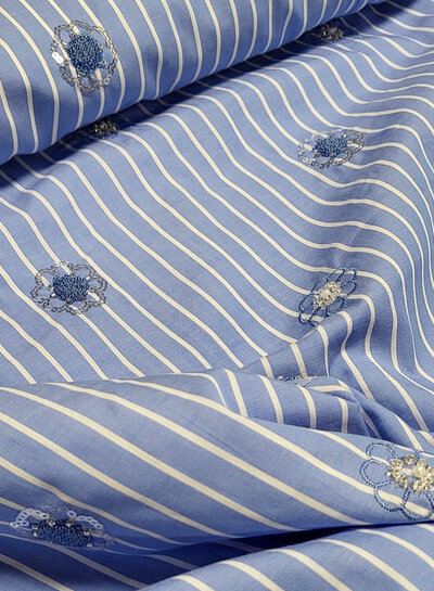 Poppy fabrics embroidery and sequins - blue and white striped cotton