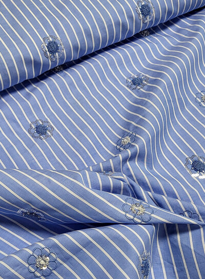 Poppy fabrics embroidery and sequins - blue and white striped cotton