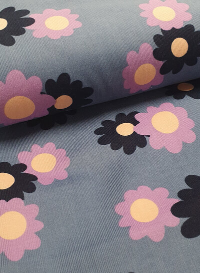 Madeline retro bloemetjes - babyrib - vergrijsd blauw