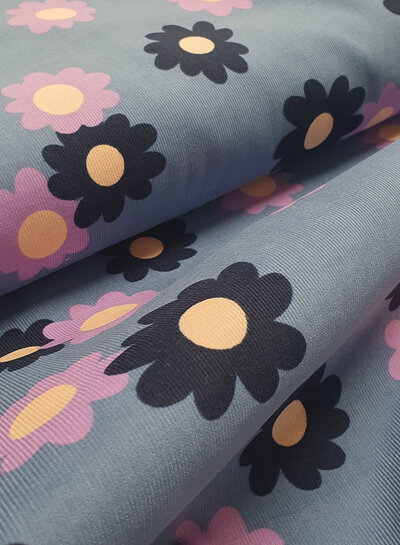 Madeline retro bloemetjes - babyrib - vergrijsd blauw