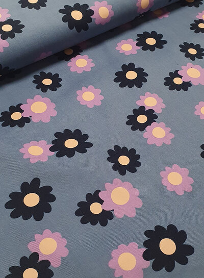 Madeline retro bloemetjes - babyrib - vergrijsd blauw