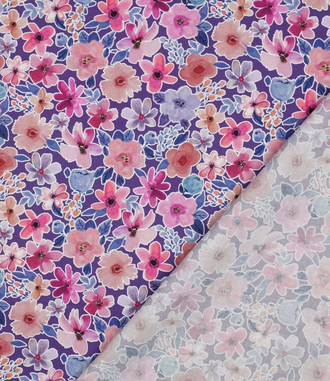 Poppy fabrics paars bloemetjes - popeline katoen