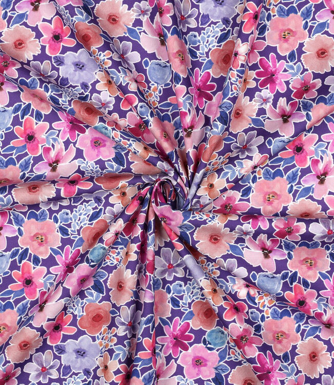 Poppy fabrics paars bloemetjes - popeline katoen