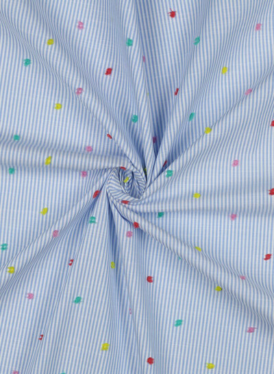 Poppy fabrics Dobby blue striped cotton with colorful tufts