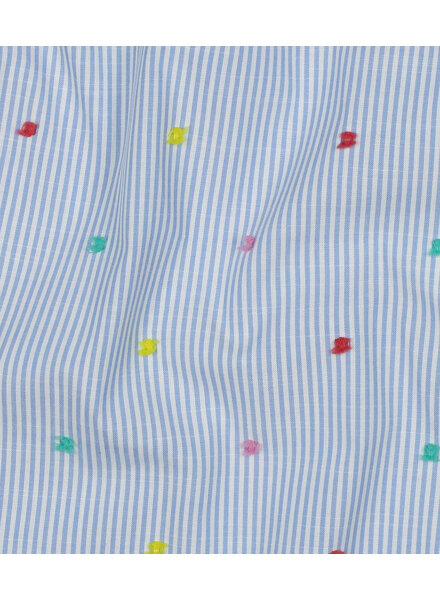 Poppy fabrics Dobby blauw gestreepte katoen met kleurrijke plukjes