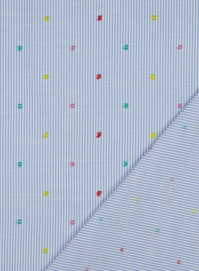 Poppy fabrics Dobby blauw gestreepte katoen met kleurrijke plukjes