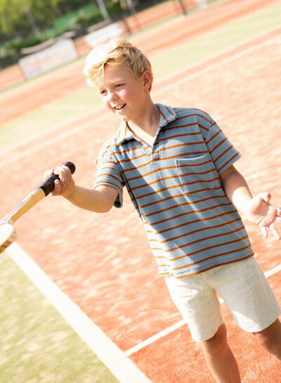 Poppy fabrics vergrijsd blauw en roest gestreept - spons