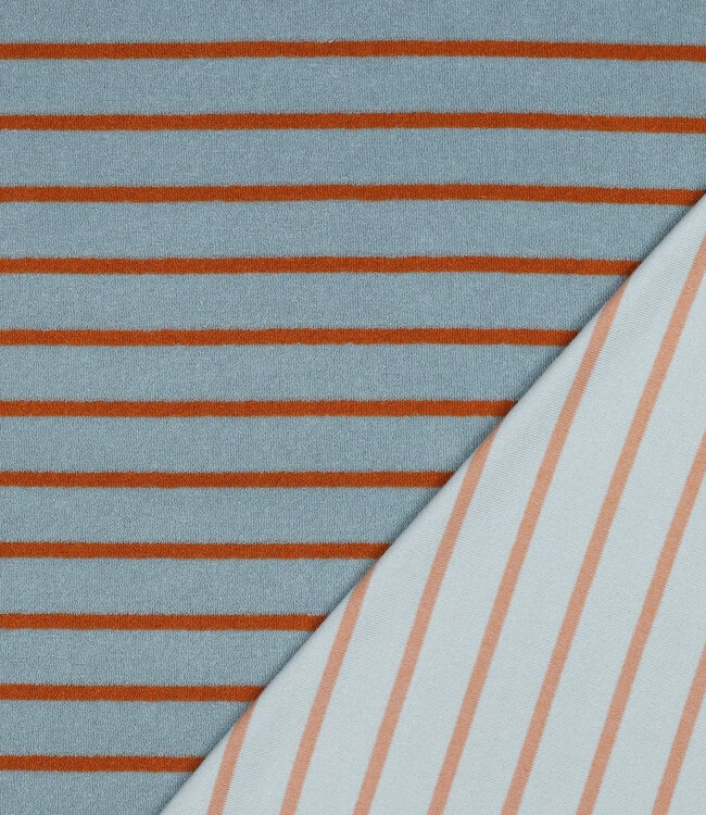 Poppy fabrics vergrijsd blauw en roest gestreept - spons