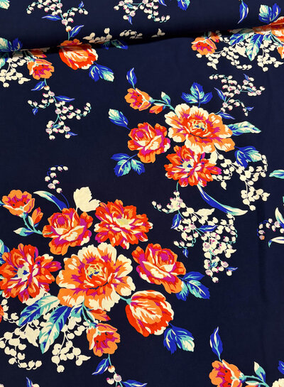 floral splendor - navy blue bamboo poplin
