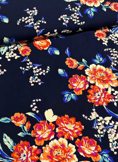 floral splendor - navy blue bamboo poplin