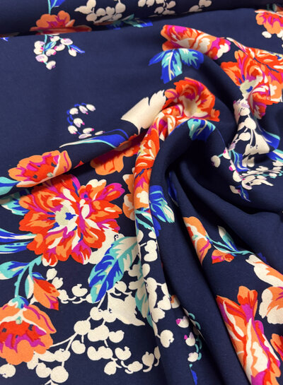 bloemenpracht - marineblauw bamboo popeline