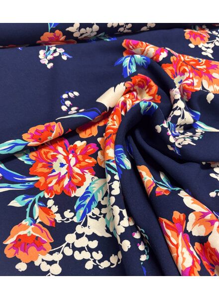 bloemenpracht - marineblauw bamboo popeline