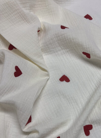 ecru - hearts - embroidery tetra double gauze