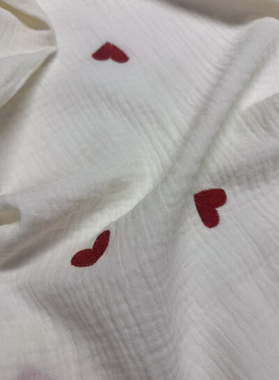 ecru - hearts - embroidery tetra double gauze