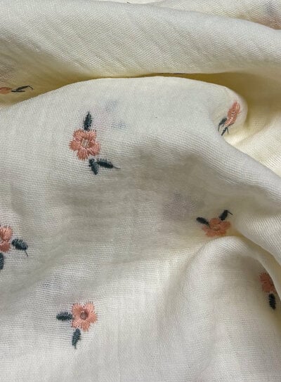 ecru- soft pink flowers - embroidery tetra double gauze