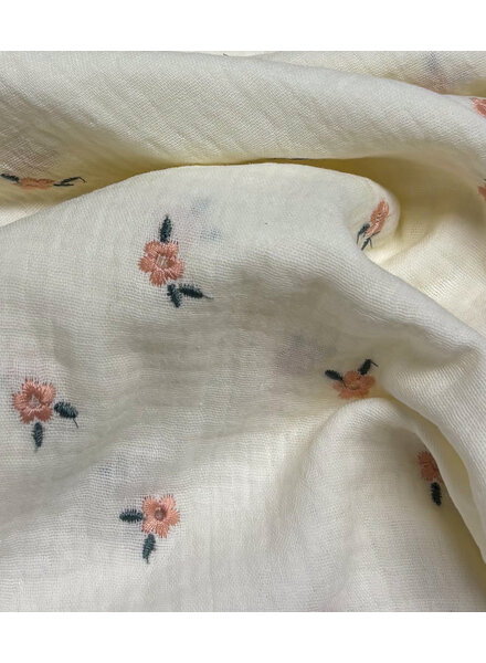 ecru- zacht roze bloemetjes - embroidery tetra double gauze