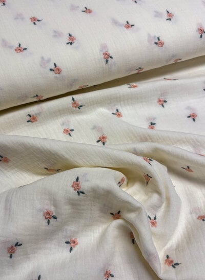 ecru- soft pink flowers - embroidery tetra double gauze