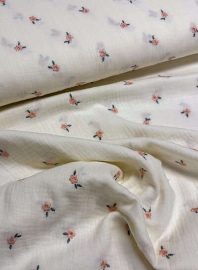 ecru- zacht roze bloemetjes - embroidery tetra double gauze