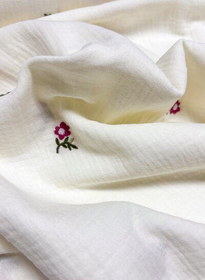 ecru - purple flowers - embroidery tetra double gauze