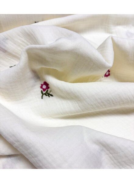 ecru - purple flowers - embroidery tetra double gauze